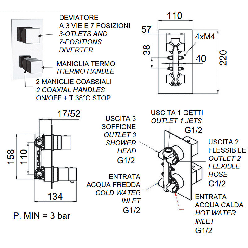 Смеситель для душа Remer Qubica Thermo QT937 с термостатом