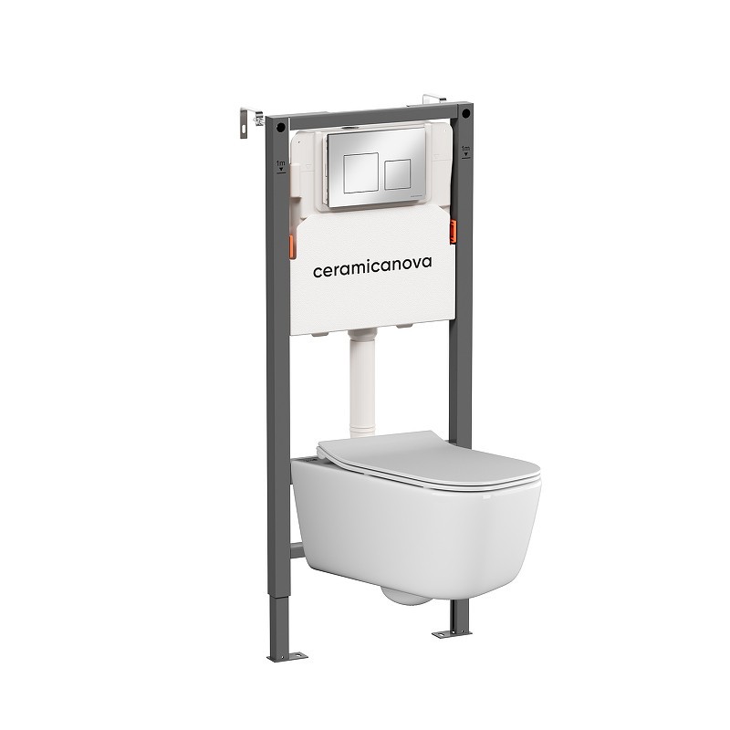 Комплект унитаза с инсталляцией Ceramicanova New Day CN3005_121002CH цвет Белый с сиденьем Микролифт и клавишей смыва цвет Хром глянцевый