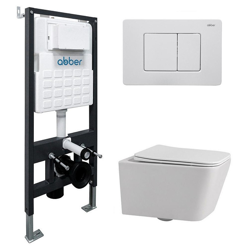 Комплект унитаза Abber Rechteck AC1201-AC0105-AC0120MW с сиденьем Микролифт и клавишей смыва цвет Белая матовая