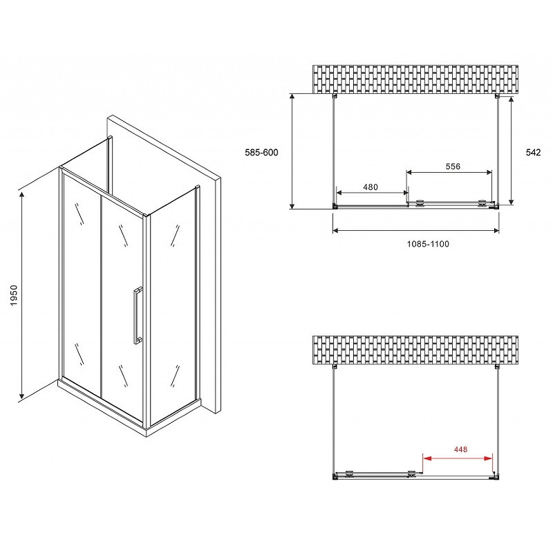 Душевой уголок Abber Schwarzer Diamant 110x60 AG30110BH-S60B-S60B профиль Черный стекло прозрачное