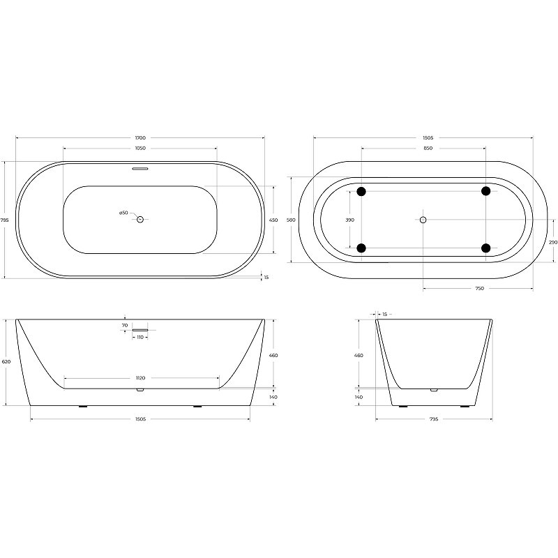 Акриловая ванна BelBagno 170x80 BB415-1700-800