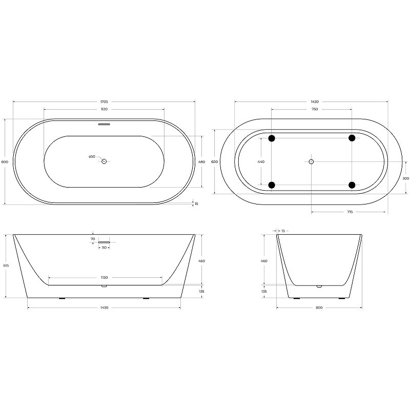 Акриловая ванна BelBagno 170x80 BB416-1700-800
