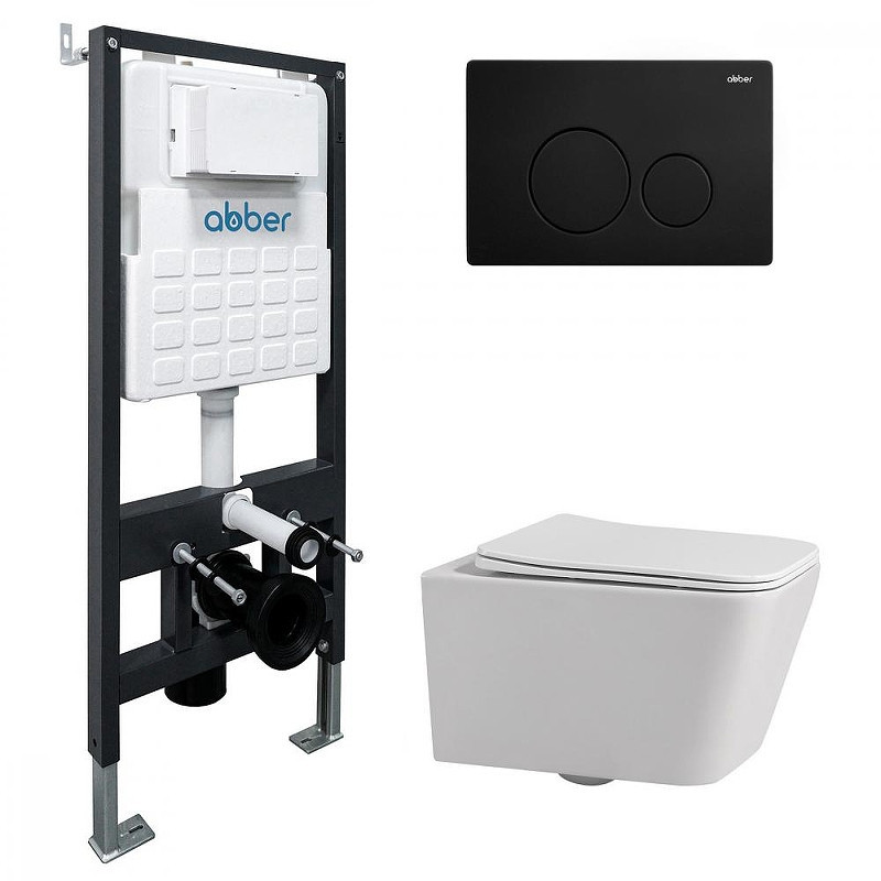 Комплект унитаза Abber Rechteck AC1201-AC0105-AC0121MB с сиденьем Микролифт и клавишей смыва цвет Черный матовый