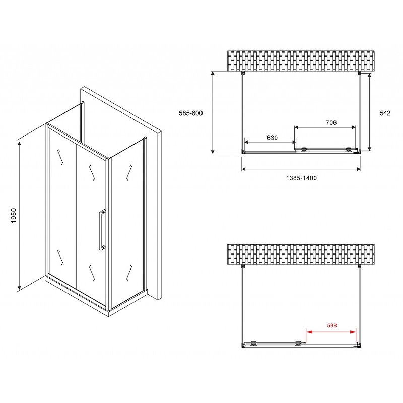 Душевой уголок Abber Schwarzer Diamant 140x60 AG30140BH-S60B-S60B профиль Черный стекло прозрачное