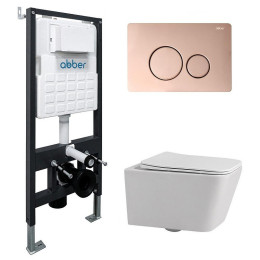 Комплект унитаза Abber Rechteck AC1201-AC0105-AC0121RG с сиденьем Микролифт и клавишей смыва цвет Золото розовое