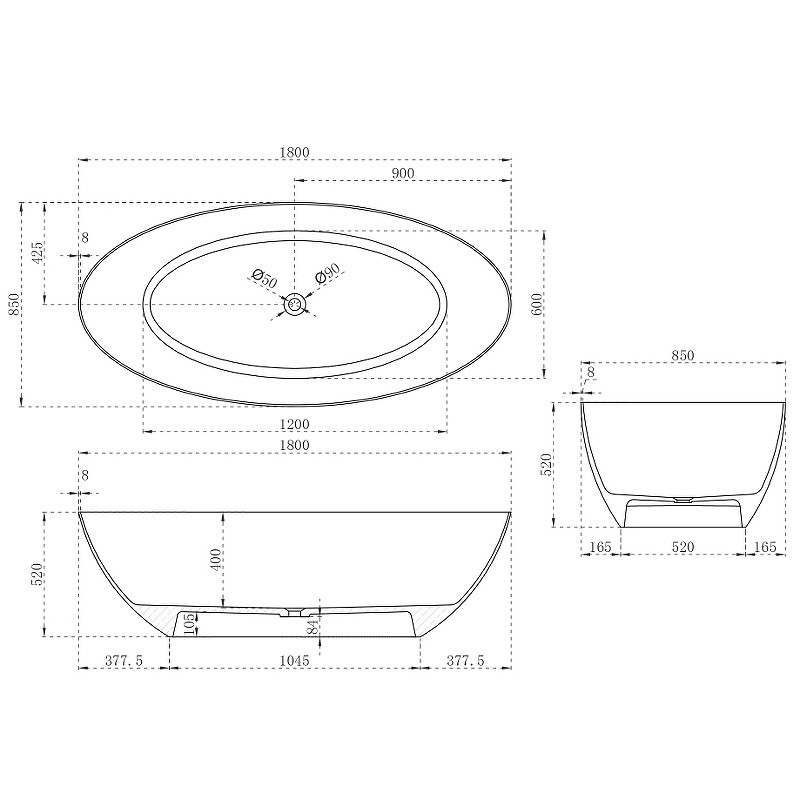 Карбоновая ванна Abber Karbon 180x85 AK9002-1.8 Черная без гидромассажа